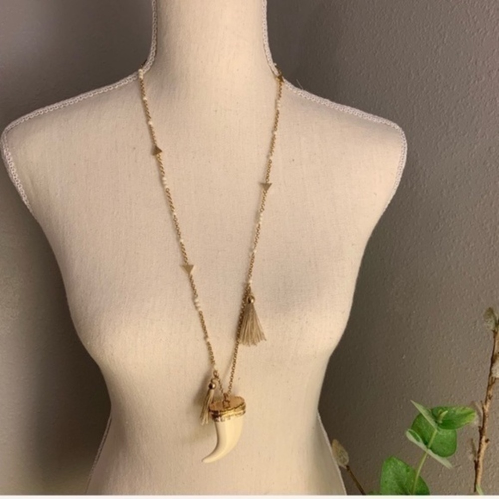 GOLD Tusk Necklace with Tassels and Earrings